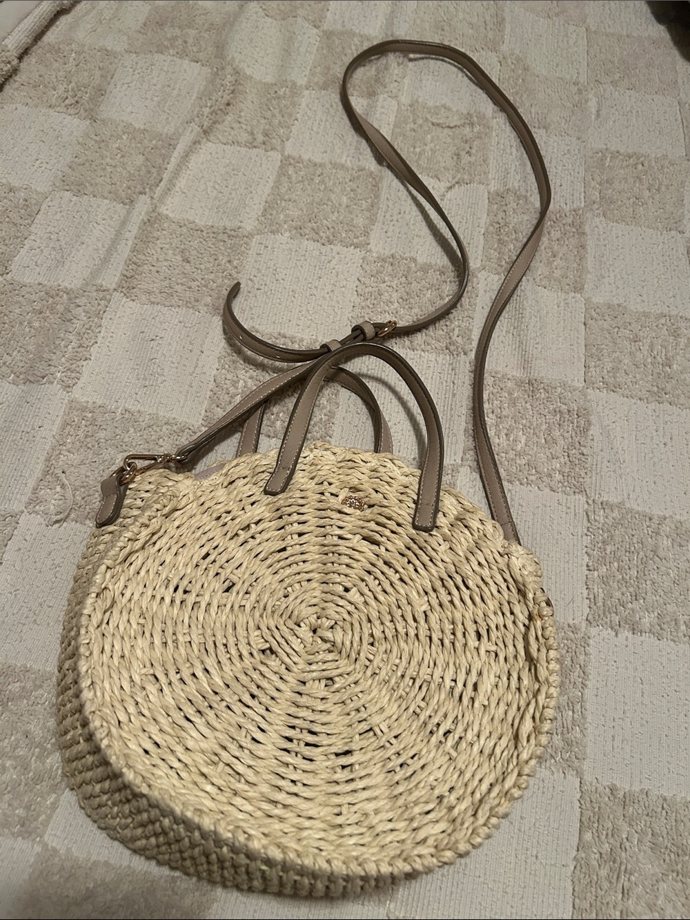 LC Lauren Conrad Beige Woven Round Crossbody with Taupe Trim